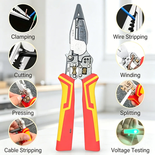 9-in-1 Multifunction Wire Stripping Pliers with Voltage Tester – Electrical Wire Stripper, Cutter & Crimper Tool for Maintenance & Repair