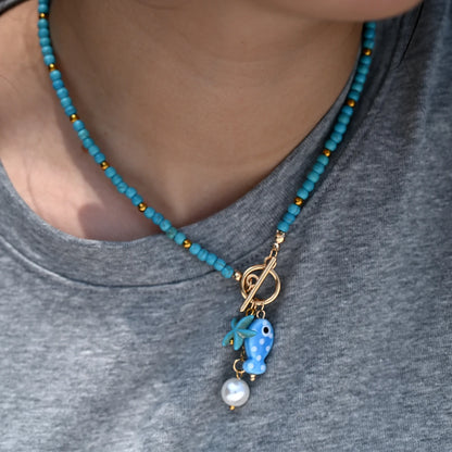 Bohemian Fish & Starfish Pendant Necklace - Sea-Inspired Ceramic Beach Jewelry with Synthetic Turquoise Beads