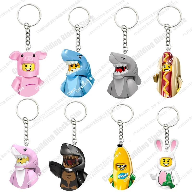 Shark Girl and Boy 3D Building Block Keychain - DIY Movie Character Toy and Gift