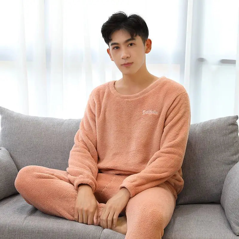Men's Autumn/Winter Coral Fleece Pajamas | Thickened Velvet Warmth | Large Flannel Home Fur Set