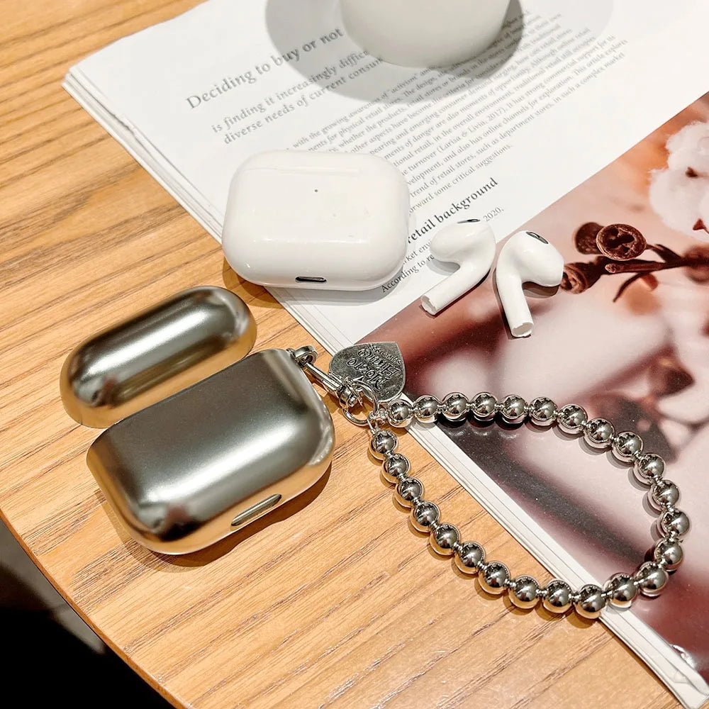 Luxury Silver-Plated AirPods Case - Heart Pendant Bracelet Chain Shockproof Cover for AirPods 3/4 & Pro 2