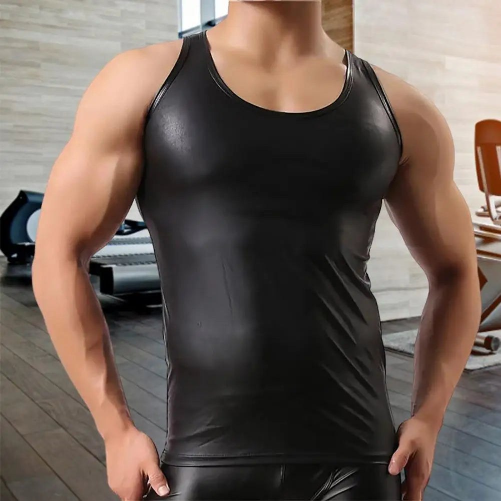Men's Faux Leather Club Vest - Slim Fit Sleeveless Solid Color Tank Top Smooth Surface Casual T-Shirt