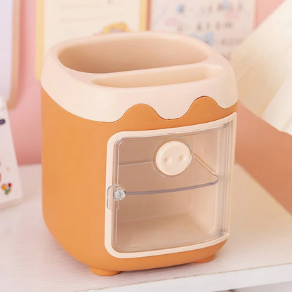 Cartoon Cute Desktop Storage Box – Large Capacity Pencil Holder & Multi-Functional Organizer for Student Stationery & Makeup Brushes