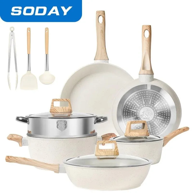 SODAY 12 Piece Granite Nonstick Cookware Set - Induction Compatible Kitchen Pots and Pans
