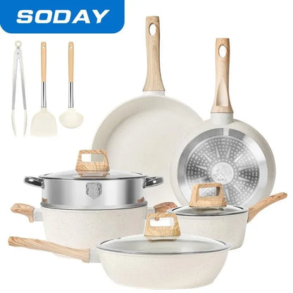 SODAY 12 Piece Granite Nonstick Cookware Set - Induction Compatible Kitchen Pots and Pans