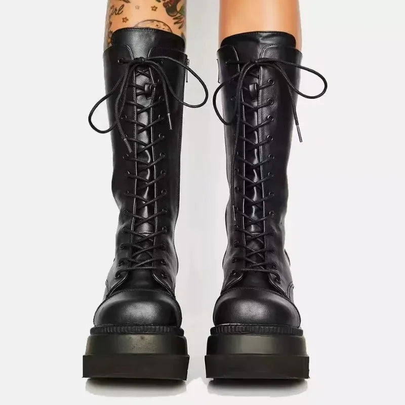 Women’s Winter Platform Boots – Black Leather Short Combat Booties, Rainproof Military, Punk Goth Lolita Footwear Clearance
