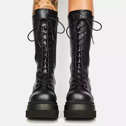 Women’s Winter Platform Boots – Black Leather Short Combat Booties, Rainproof Military, Punk Goth Lolita Footwear Clearance