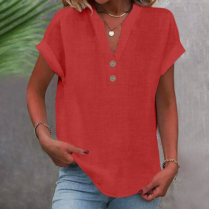 Women’s Summer Cotton Linen V-Neck Button Down Shirt – Breathable Casual Office Top in Solid Colors