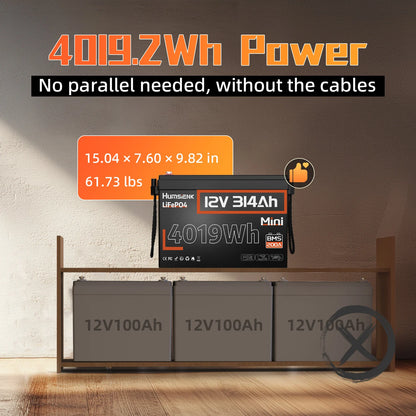 Humsienk 12V 314Ah LiFePO4 Battery - 4019Wh Deep Cycle Power with 200A BMS for RV, Camper, Cabin & Solar Energy Storage