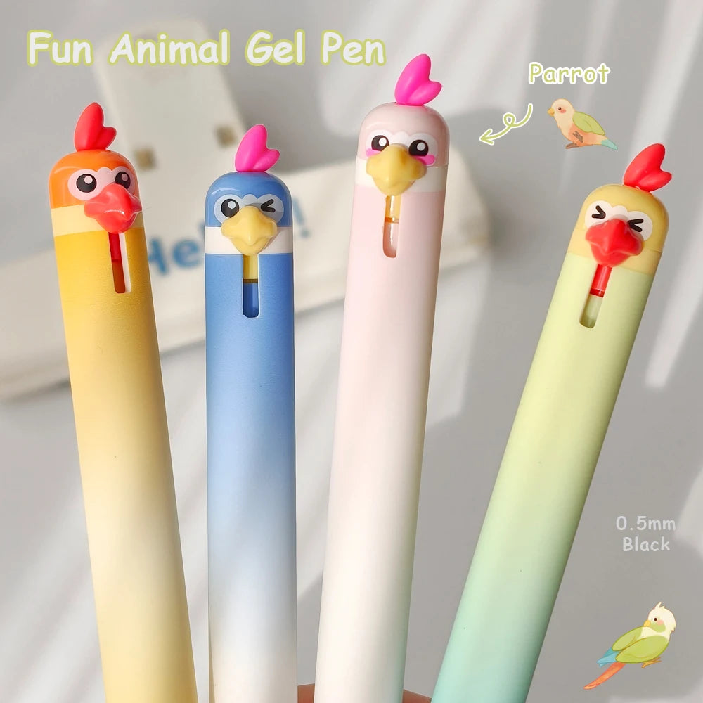 4-Piece Cute Animal Gel Pen Set - 0.5mm Quick-Drying Black Ink Pens with Baby Chicken & Penguin Designs
