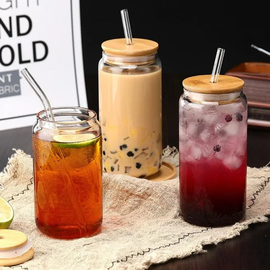 Borosilicate Glass Cup with Wooden Lid - 450ml/550ml Transparent Drink Cup with Straw for Juice & Water