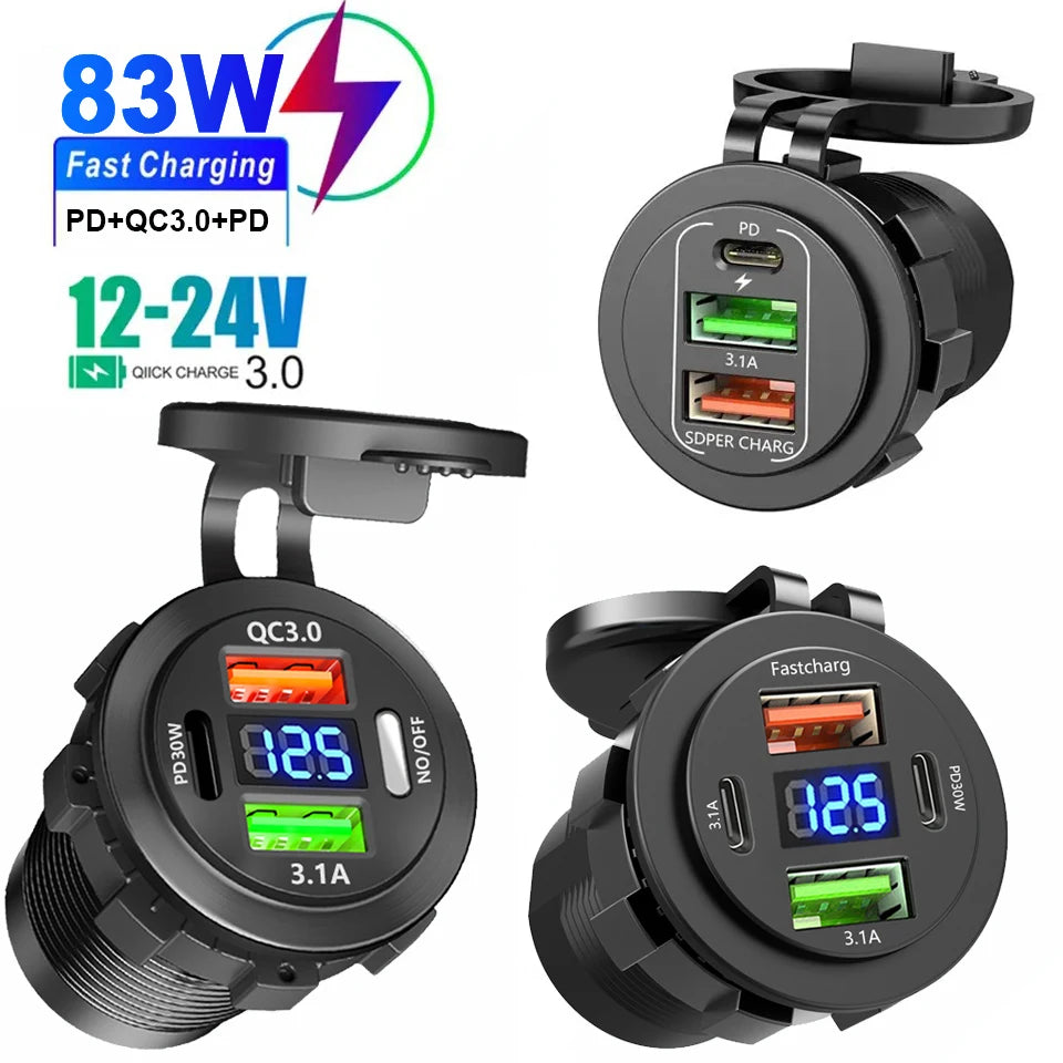 Car USB Fast Charger PD3.0 QC3.0 12/24V Socket with Voltmeter & On/Off Switch, Motorcycle Boat Auto Charging Adapter Accessory