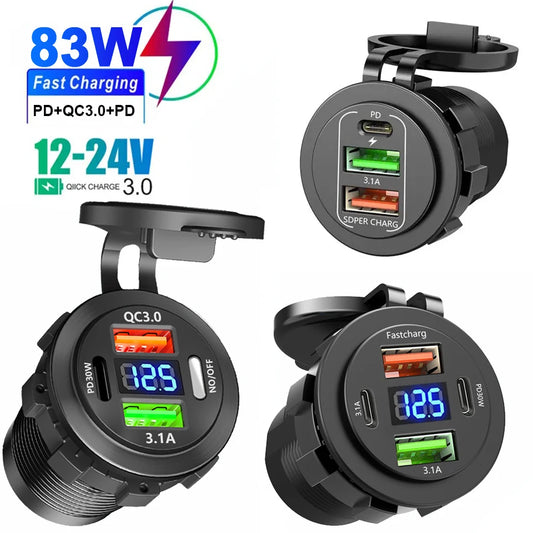 Car USB Fast Charger PD3.0 QC3.0 12/24V Socket with Voltmeter & On/Off Switch, Motorcycle Boat Auto Charging Adapter Accessory
