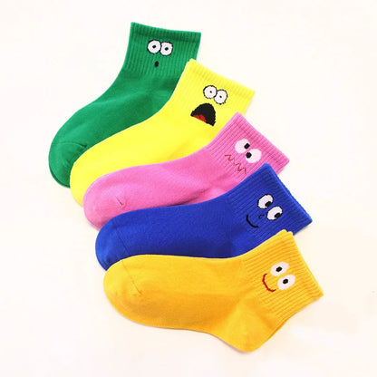 5 Pairs Kids Socks - Cute Emoticon Face Pattern, Comfortable & Breathable Socks for Boys & Girls