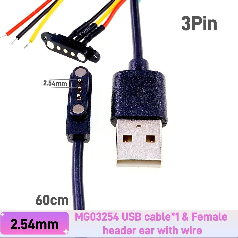 Magnetic Pogo Pin Connector - 2–5 Pin Spring-Loaded Male/Female Power Socket, 2.54/2.8mm Spacing, USB Cable Compatible