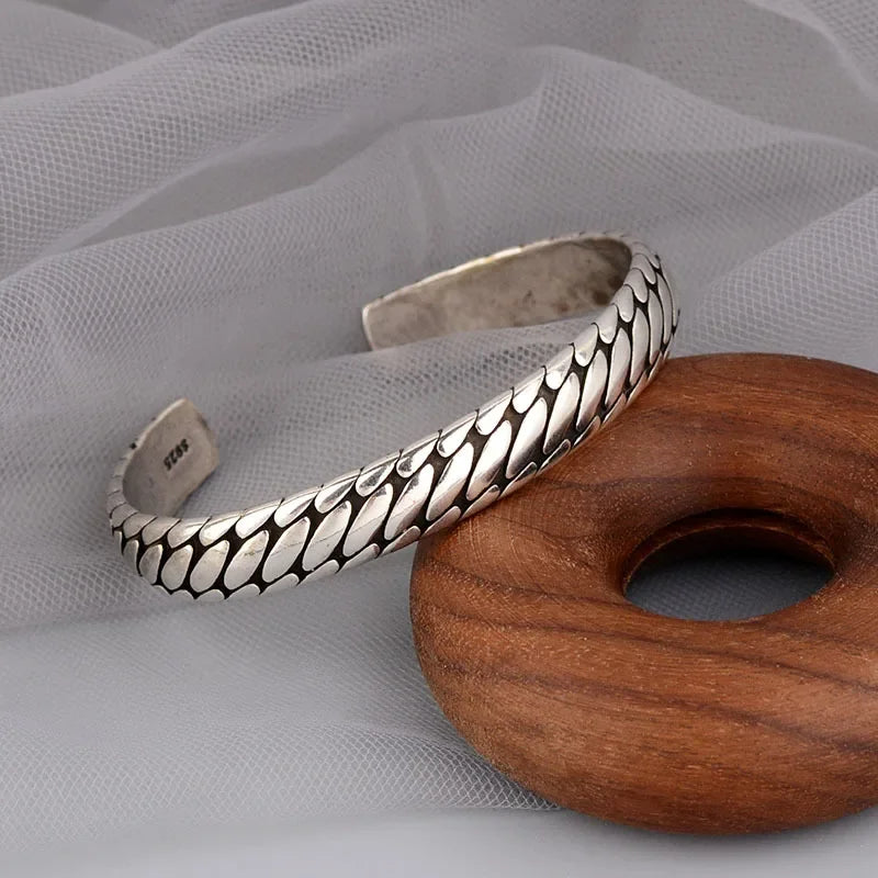 Retro Tibetan Six-Character Mantra Bracelet — Silver Plated Lotus Cuff for Men
