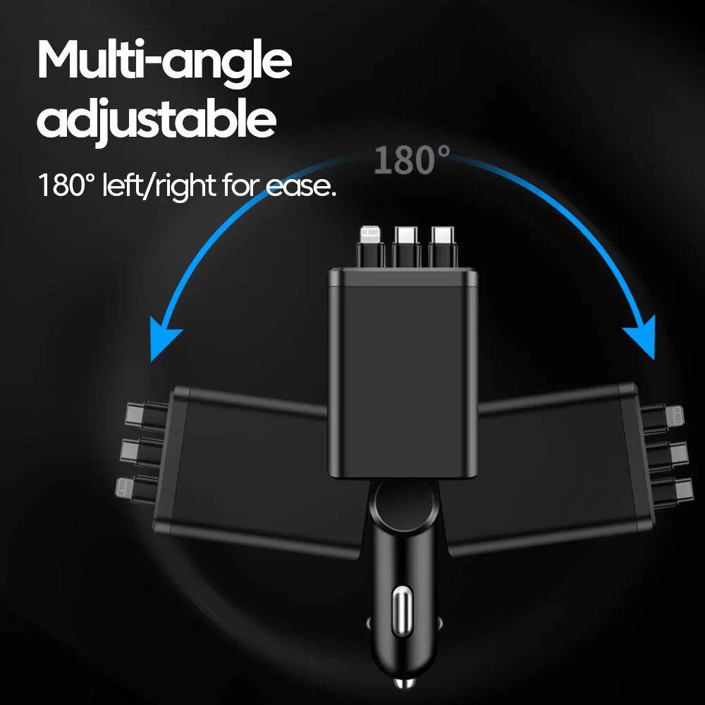 Elough 7-in-1 Retractable Car Charger - Multi-Port USB-C & iOS Charging Adapter with Quick Charge Support for iPhone & Samsung