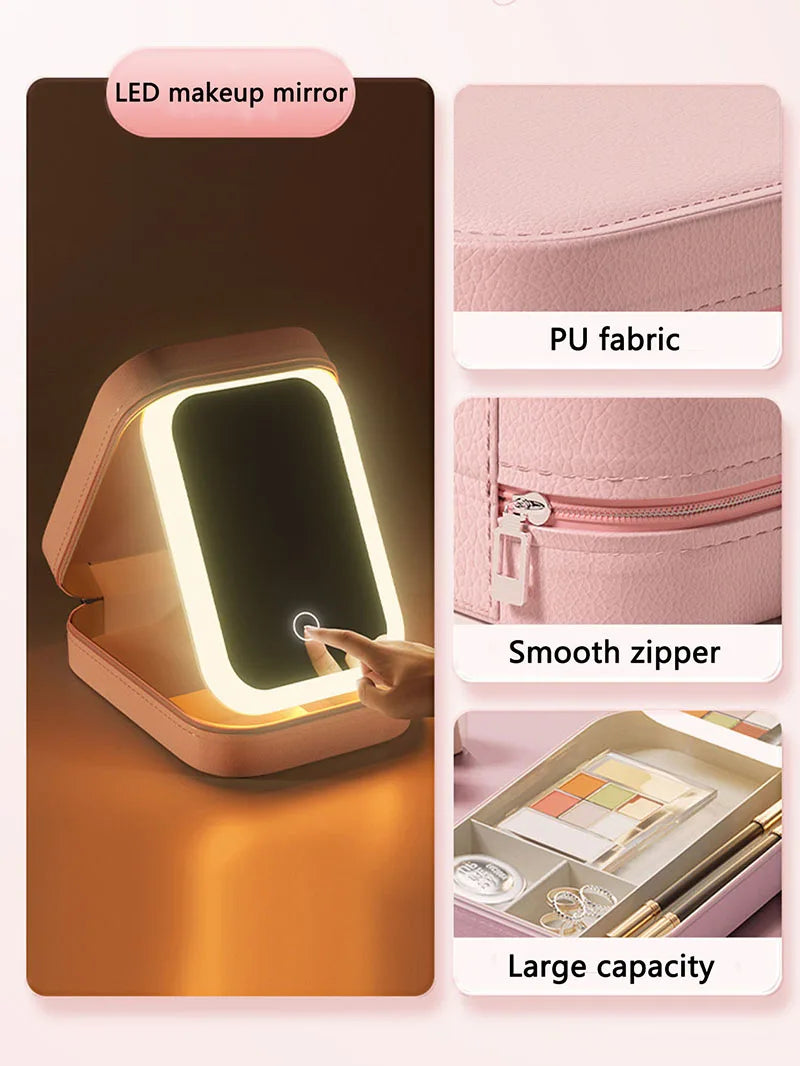 LED Makeup Bag with Mirror – Portable Cosmetic Storage for Women, Small Lipstick & Brush Organizer with Wireless Light