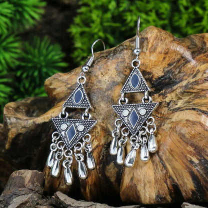 Blue Alloy Turquoise Bohemian Earrings - Retro Geometric Multi-Layer Statement Jewelry