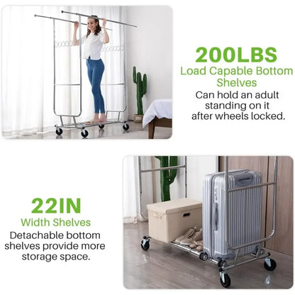 Double Clothing Garment Rack with Shelves – Rolling Clothes Rack on Wheels, 600LBS Capacity for Hanging Clothes