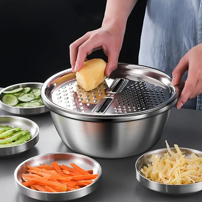 3-Piece Stainless Steel Strainer & Mixing Bowl Set – Multifunctional Fruit & Vegetable Washer and Slicer