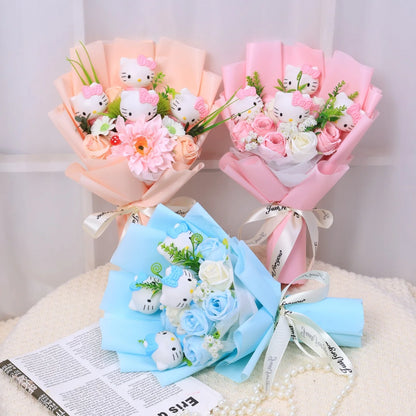Kawaii Hello Kitty Cat Dolls with Artificial Flowers – Creative Sanrio Bouquet for Christmas, Valentine’s & Birthday Graduation Gifts