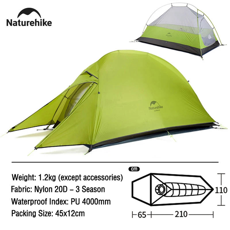 Naturehike Cloud Up 1-Person Camping Tent – Ultralight, Portable, Waterproof Folding Backpack Shelter for Travel & Beach