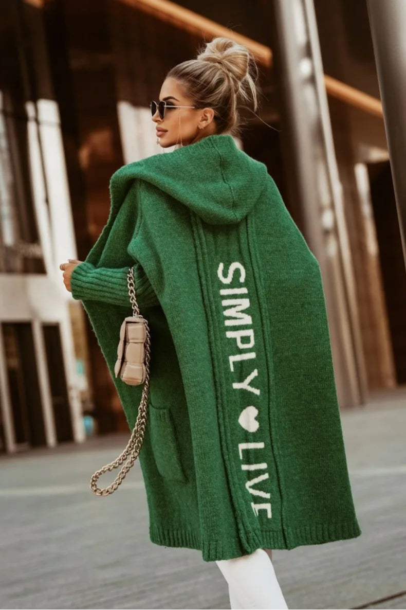 2023 Autumn/Winter Sweater Cardigan – Lapel Hooded Long Knit Coat with Letter Design, Loose Fit for Women