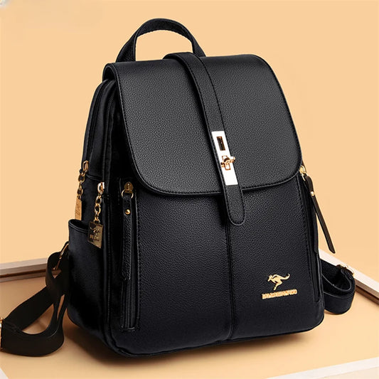 Luxury Leather Backpack for Women - Vintage Black Daypack, Casual School Bag for Girls, Mochila Rucksack Style