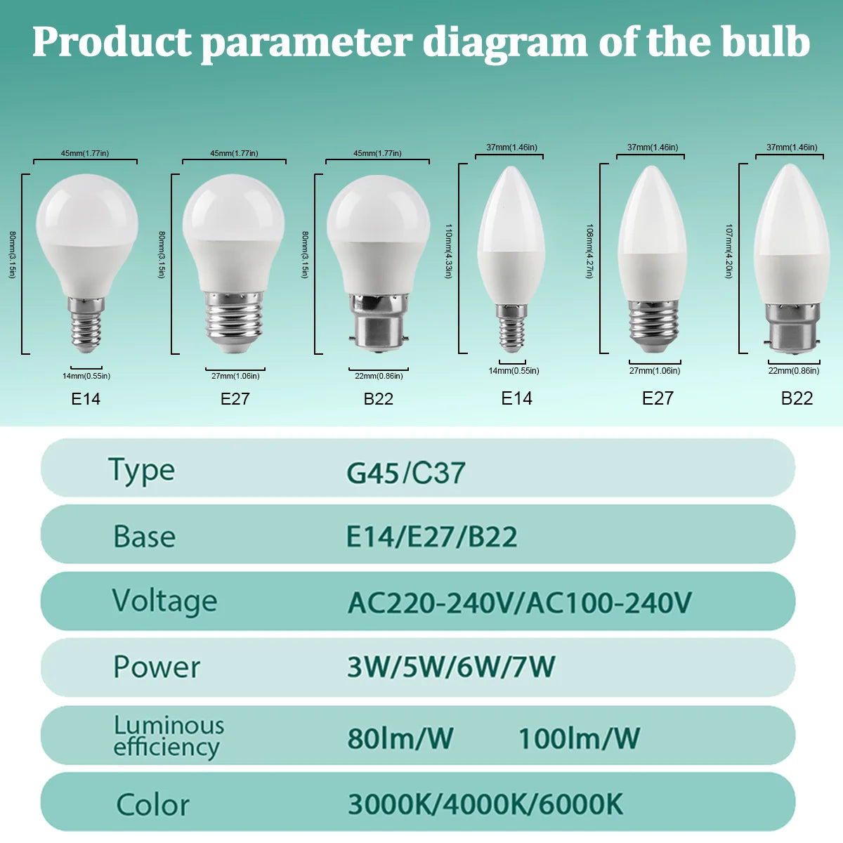 20pcs G45 C37 LED Bulbs — 3W/5W/6W/7W Energy-Saving Mini Lamps, Warm & Cool Light for Home and Bedroom