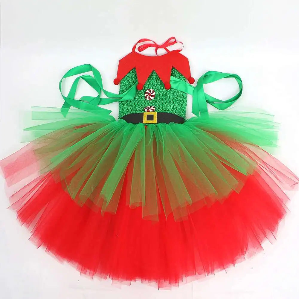 Red & Green Christmas Elf Costumes for Girls – Kids Xmas Fairy Dresses with Hat and Socks, New Year Festival Outfit