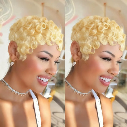 Brazilian Remy Human Hair Wig - Short Curly Pixie Cut Full Machine-Made Wig for Women