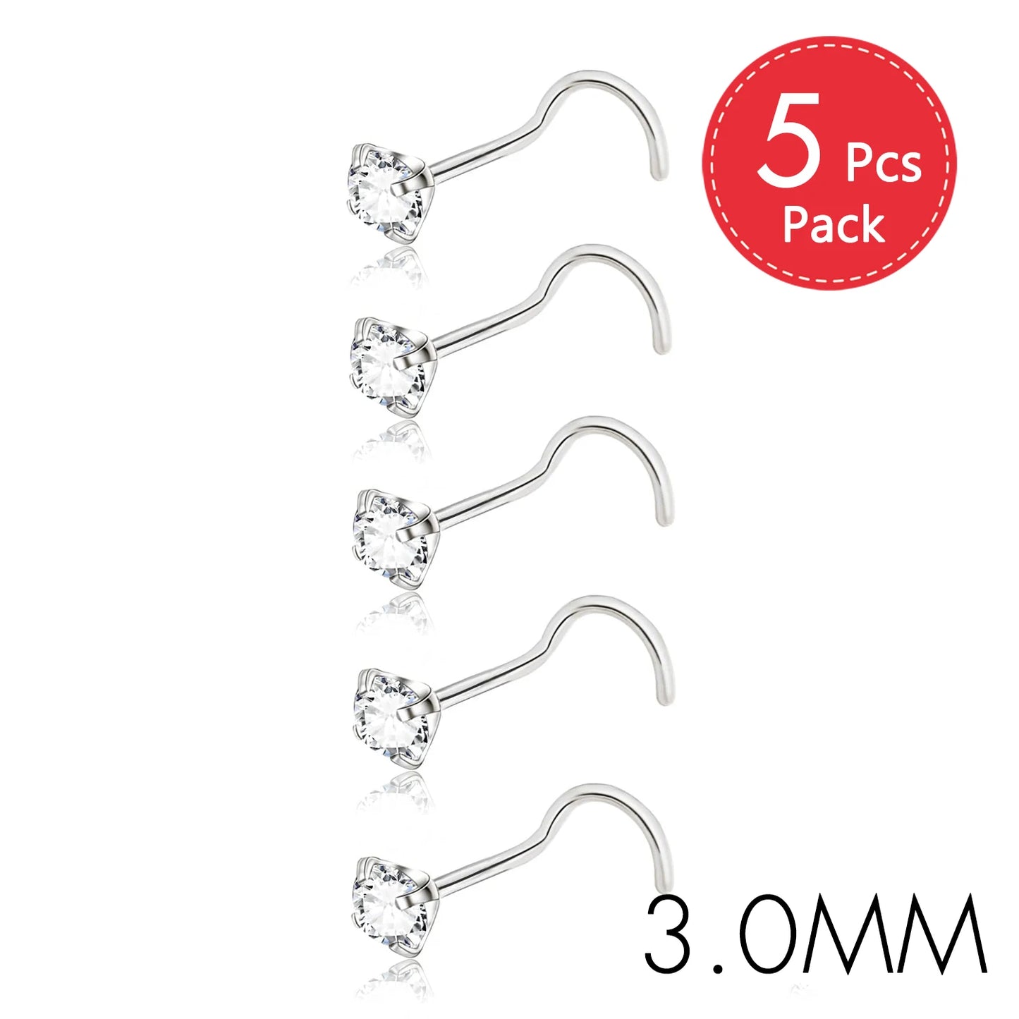 5PCS Stainless Steel Nose Ring Studs — Crystal Nostril Piercing Jewelry for Women & Girls, 1.5/2.0/2.5/3.0mm, 20G
