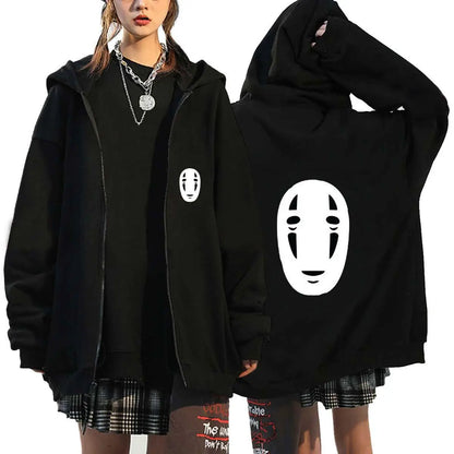 Ghibli No-Face Black Hoodie for Women – Anime Cotton Long Sleeve Streetwear Jacket, Autumn/Winter Cosplay