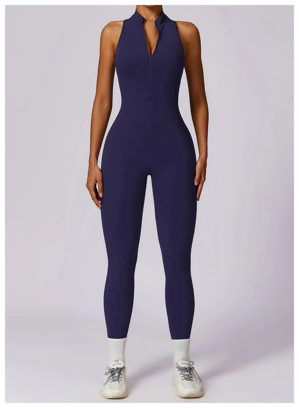 Women’s V-Back One-Piece Sports Jumpsuit — Sleeveless Yoga Romper with Zipper Workout Bodysuit