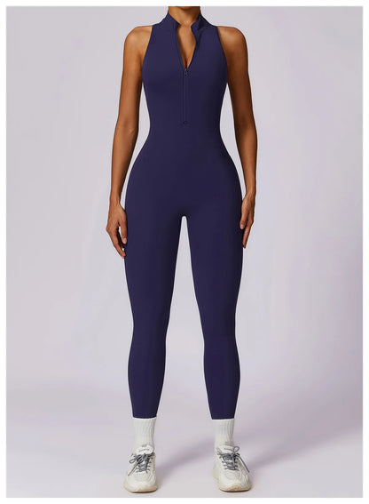 Women’s V-Back One-Piece Sports Jumpsuit — Sleeveless Yoga Romper with Zipper Workout Bodysuit