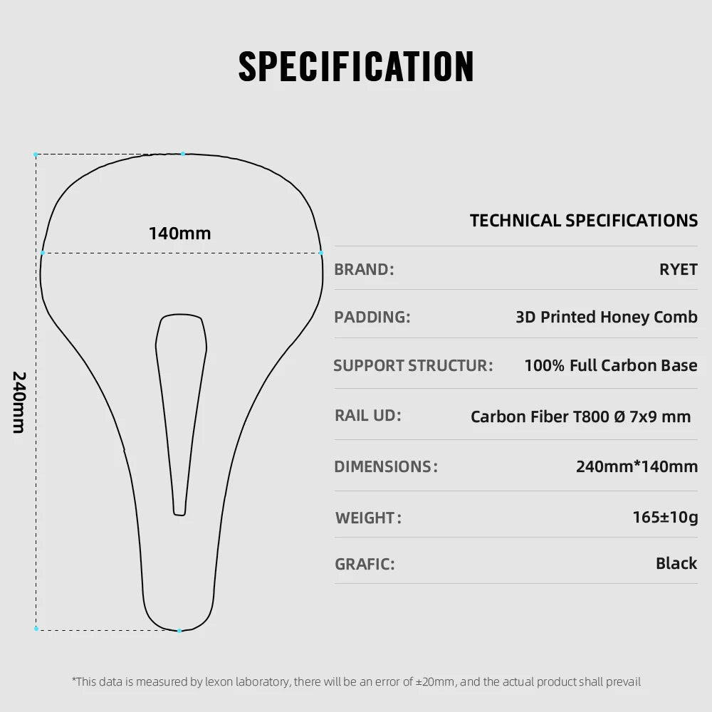 RYET 3D Printed Carbon Bike Saddle — 140/143mm Lightweight Road & MTB Cycling Seat with EVA Cushion