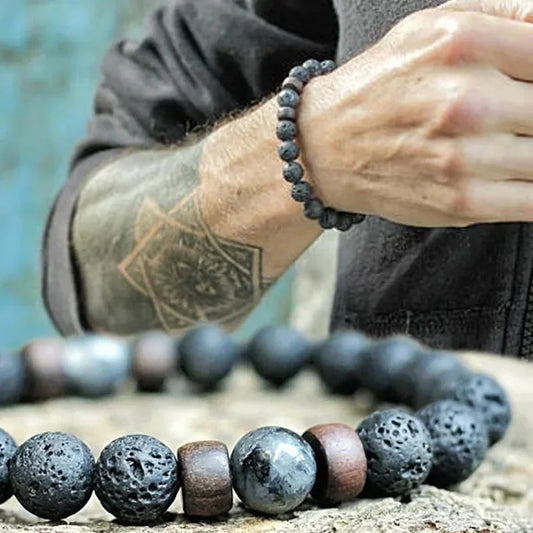 8mm Volcanic Lava Stone Bracelet - Handmade Elastic Beaded Bracelet for Men with Wooden Tibetan Buddha Style