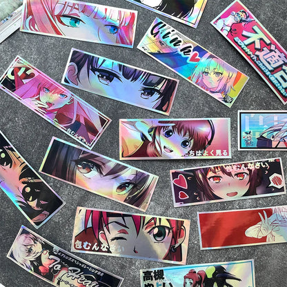 JDM Anime Girl Holographic Stickers - Rainbow Vinyl Decals for Car Windows, Motorcycles, Helmets, and Windshields