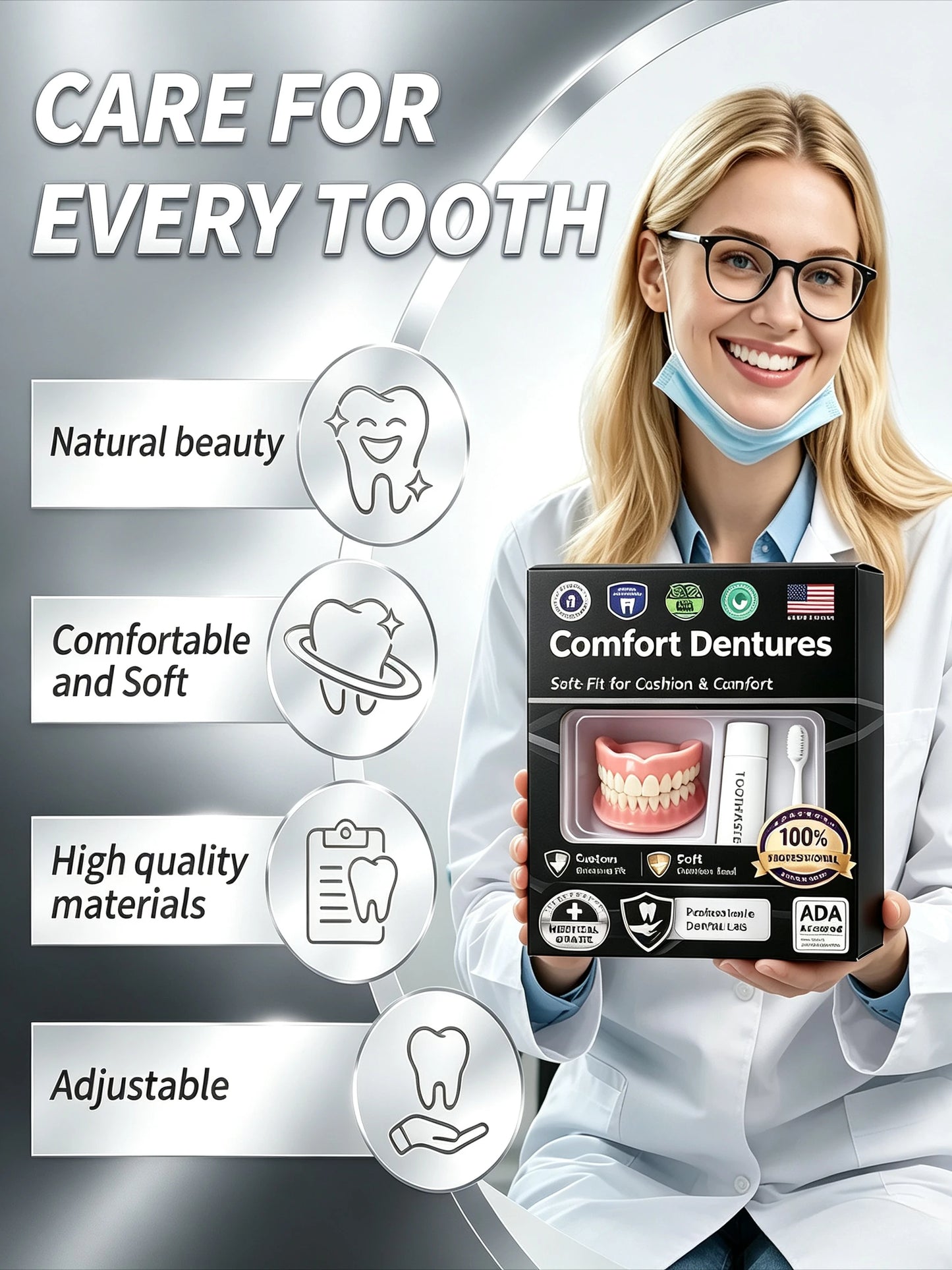 Adjustable Temporary Full Denture Set - Comfortable Natural-Look Cosmetic Teeth