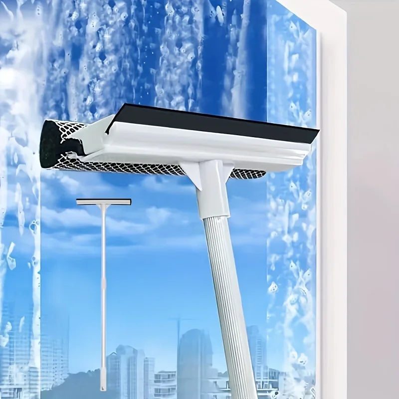 2-in-1 Retractable Window Squeegee Cleaner – Extendable Pole Glass Brush Tool for Car, Shower & Home Window Cleaning