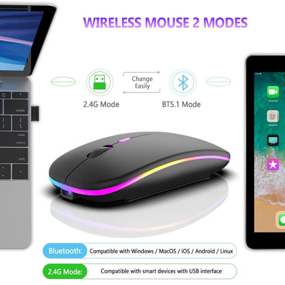 Wireless Mouse - Bluetooth and 2.4GHz Dual Modes Rechargeable RGB Ergonomic Silent Click for PC, iPad, Laptop, Cell Phone, TV