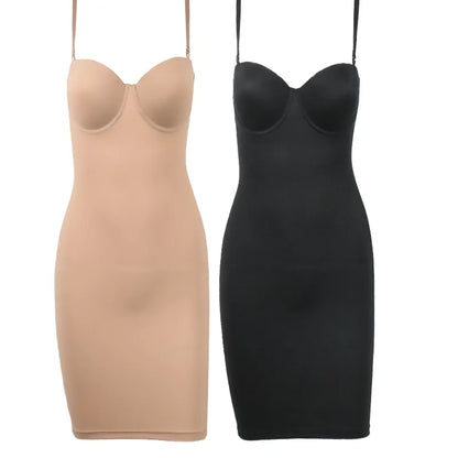 Full Length Nude Slimming Shapewear Slips: Straight Tube Dress Body Shaper for Women - Underwire Cup, Skinny Fit, Black