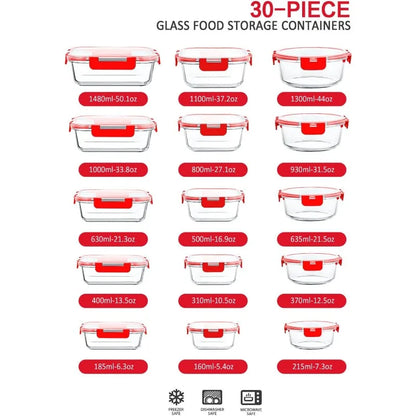 30-Piece Glass Food Storage Container Set — Airtight Meal Prep Containers with Upgraded Snap-Lock Lids, Oven Safe
