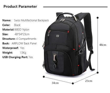 Swiss Multifunctional 17 Inch Laptop Backpack – Durable Travel Bag with USB Charging Port, Water-Resistant College Bookbag
