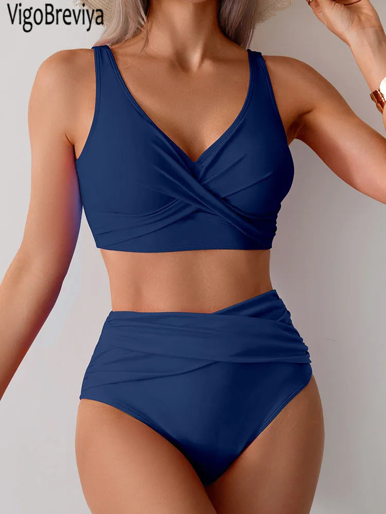 VigoBreviya 2025 Sexy Solid Strapped Bikini Set – Cross Push-Up, High Waist Brazilian Swimsuit for Women, Beach & Bath Wear