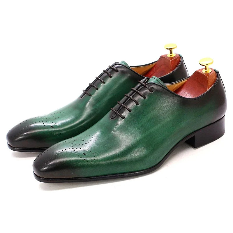 Men’s Genuine Leather Oxford Shoes - Whole Cut Pointed Toe Lace-Up Formal Business and Wedding Dress Shoes