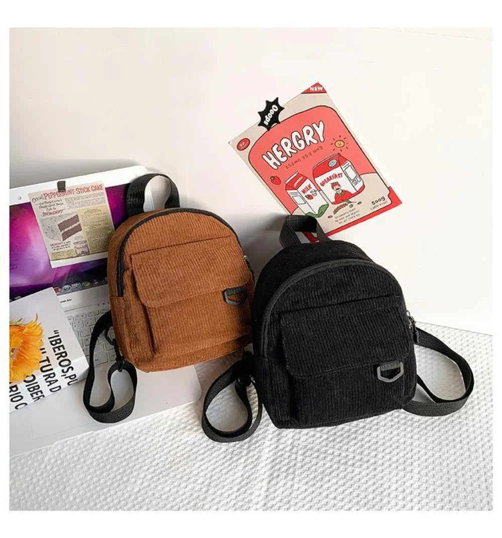 Women's Mini Backpack - Fashionable Solid Color Corduroy Casual Schoolbag with Large Capacity