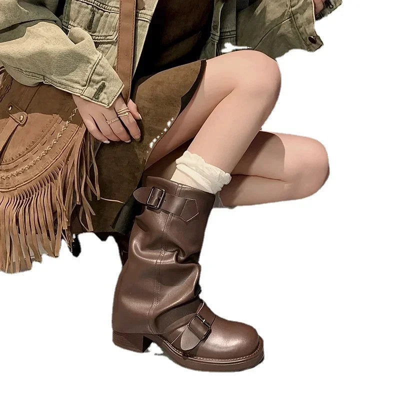 Pleated Buckle Knight Boots for Women – Autumn Brown PU Leather Mid-Calf Slip-On Riding Boots with Thick Heel 2024