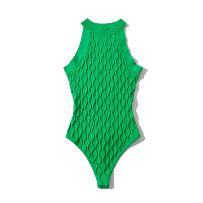 LUNDUNSHIJIA 2022 Spring Women’s Sleeveless Knitted Bodysuit – 3D Hollow Out Jumpsuit Top, 5 Fashion Colors